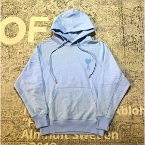 AMI Alexandre Mattiussi Heart Logo Pullover Hoodie Mens S Blue Cotton Fleece
